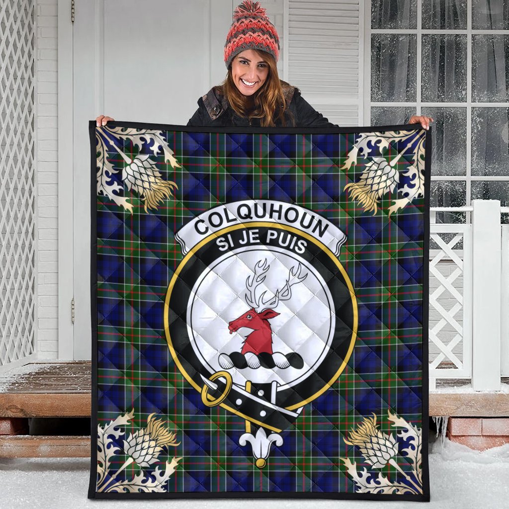 Colquhoun Modern Tartan Crest Premium Quilt - Gold Thistle Style