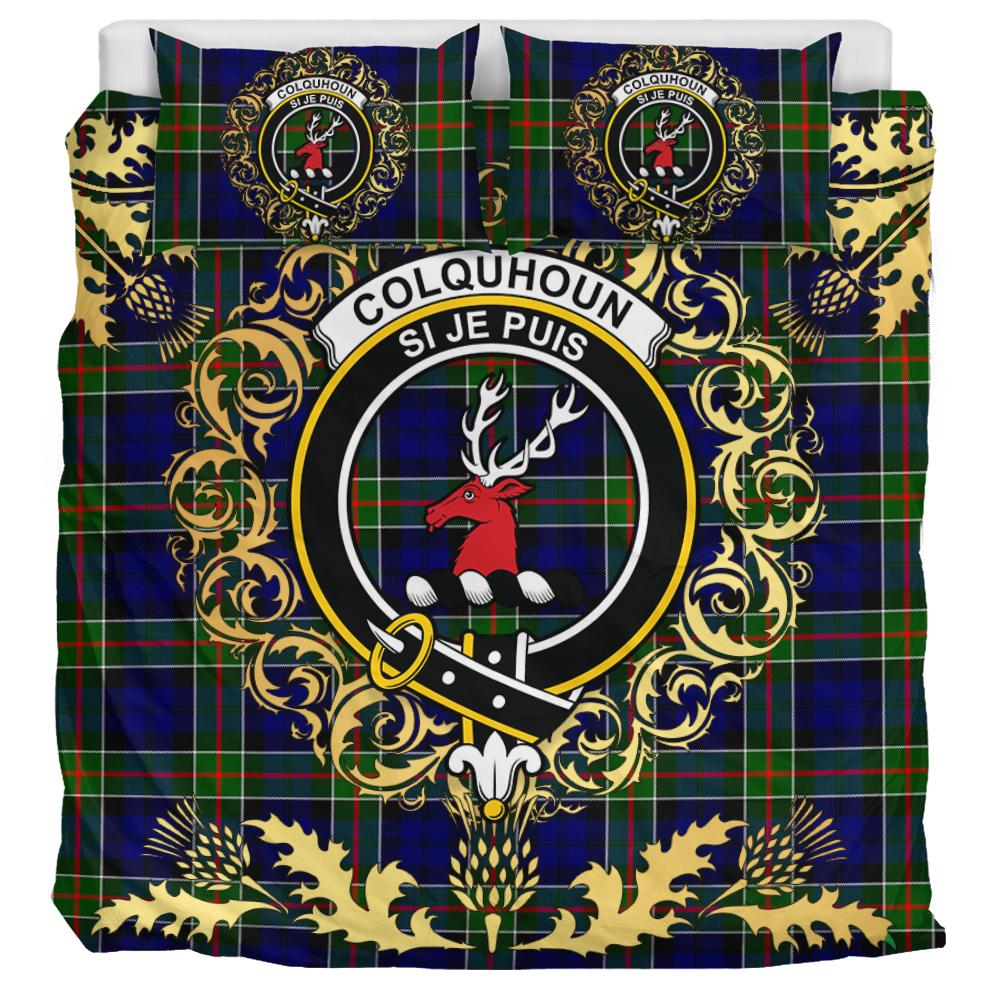 Colquhoun Modern Tartan Crest Bedding Set - Golden Thistle Style
