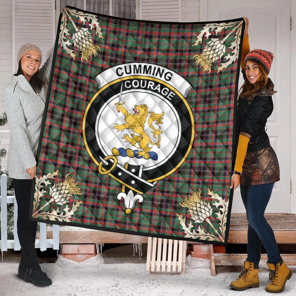 Cumming Hunting Ancient Tartan Crest Premium Quilt - Gold Thistle Style