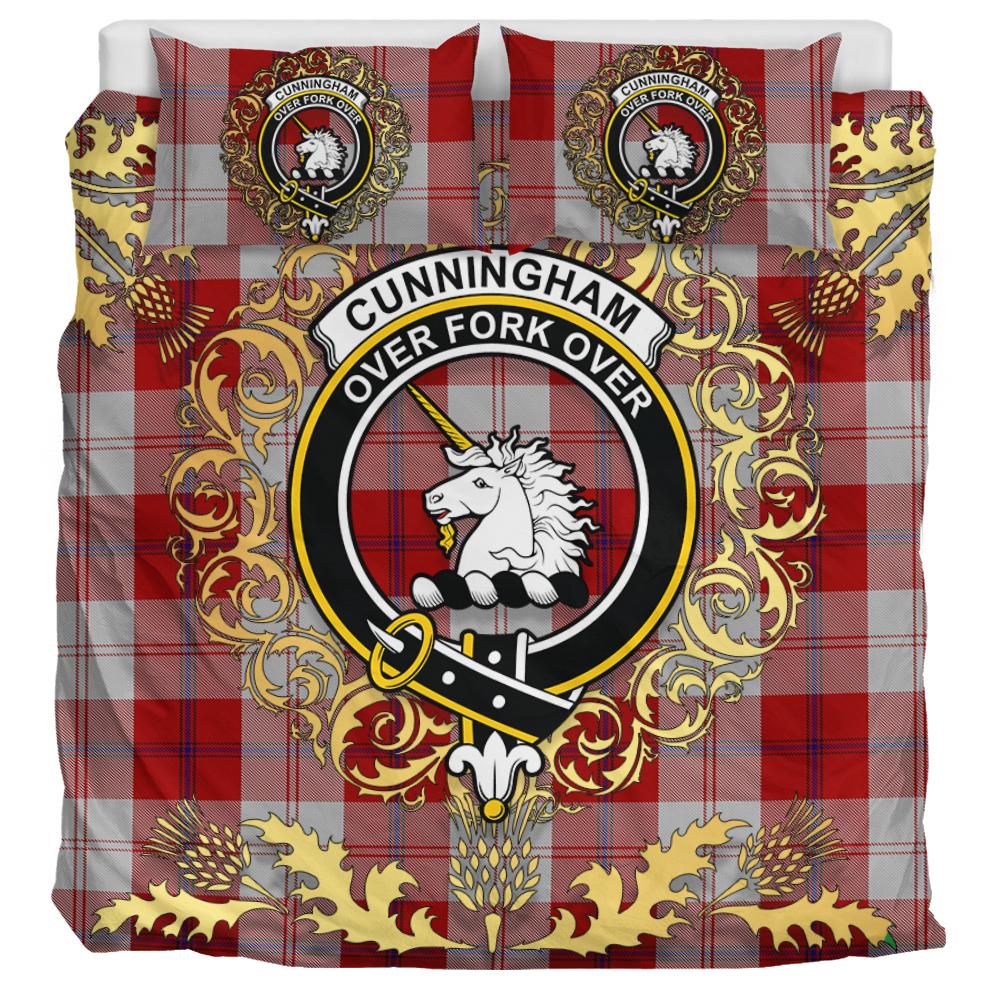 Cunningham Dress Tartan Crest Bedding Set - Golden Thistle Style