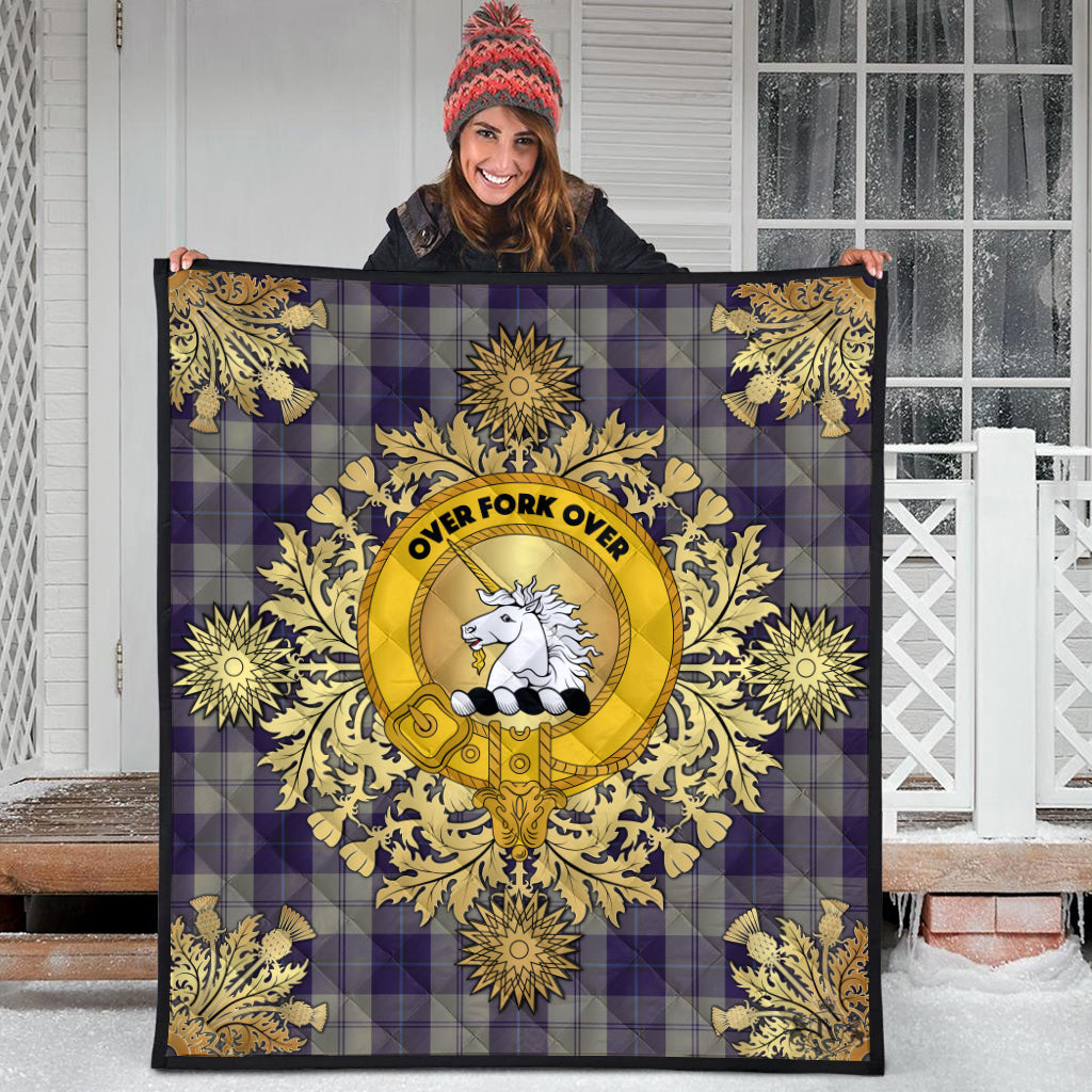 Cunningham Dress Blue Dancers Tartan Crest Premium Quilt - Gold Thistle Style