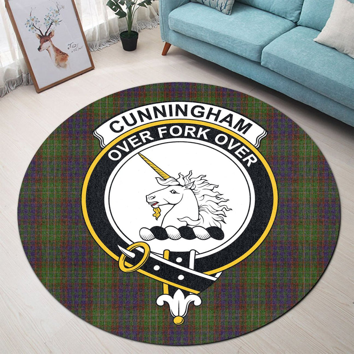 Cunningham Hunting Modern Tartan Crest Round Rug