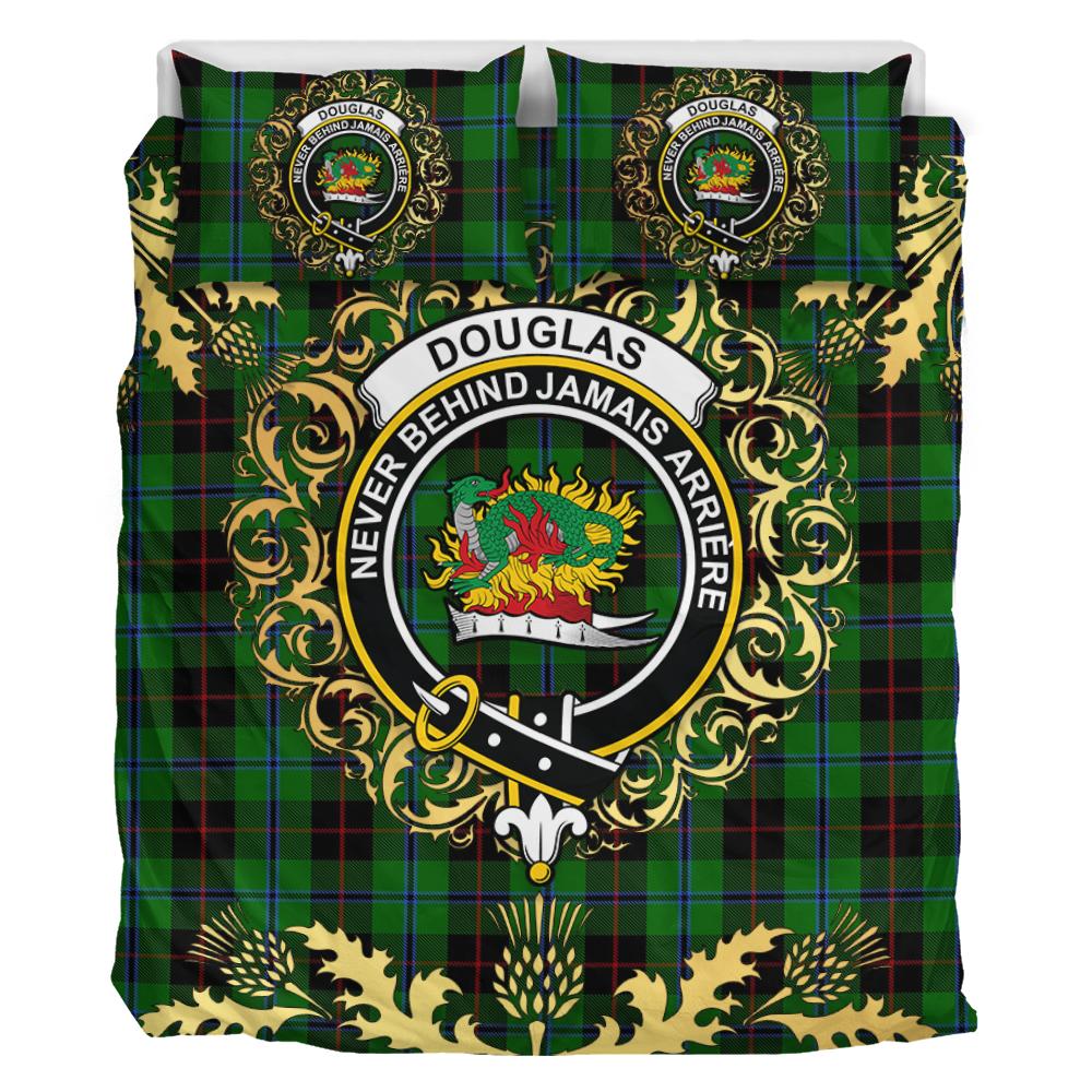 Douglas Black Tartan Crest Bedding Set - Golden Thistle Style