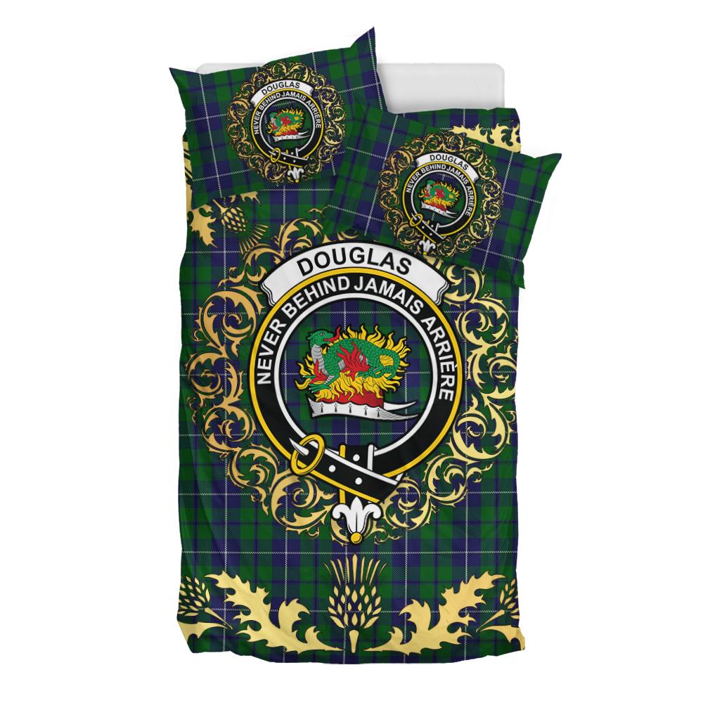 Douglas Green Tartan Crest Bedding Set - Golden Thistle Style