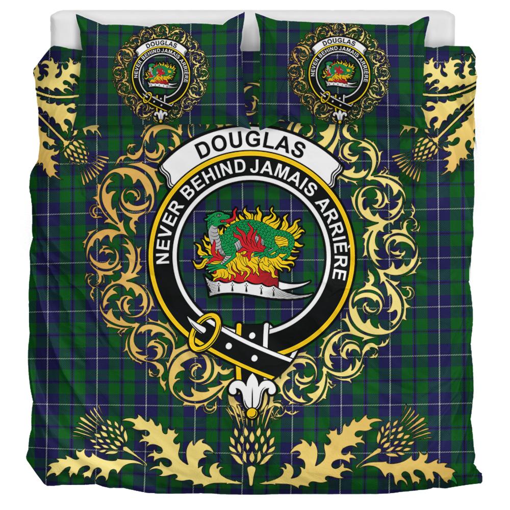 Douglas Green Tartan Crest Bedding Set - Golden Thistle Style