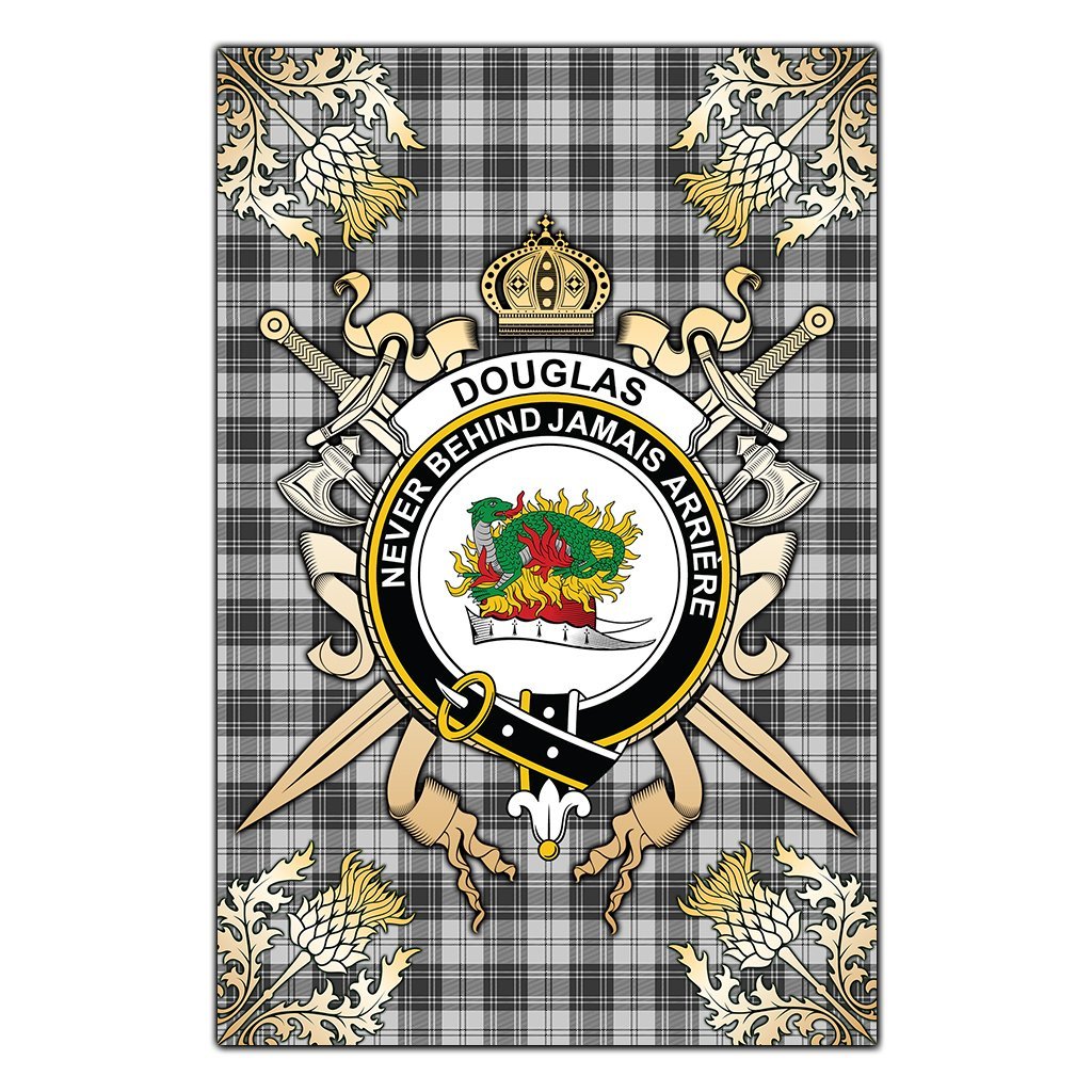 Douglas Grey Modern Tartan Crest Black Garden Flag - Gold Thistle Style