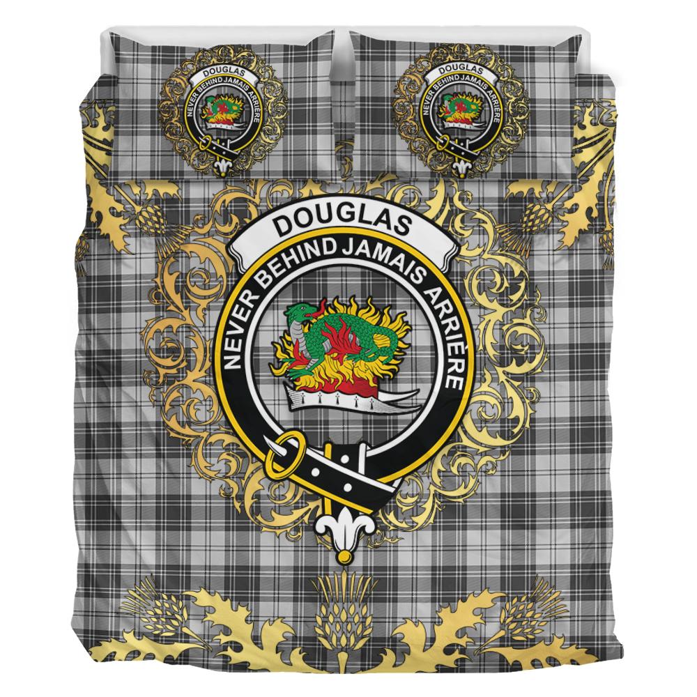 Douglas Grey Modern Tartan Crest Bedding Set - Golden Thistle Style