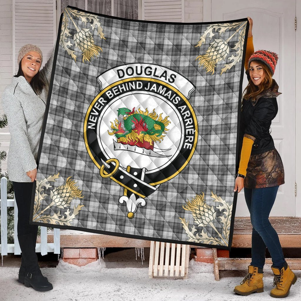 Douglas Grey Modern Tartan Crest Premium Quilt - Gold Thistle Style