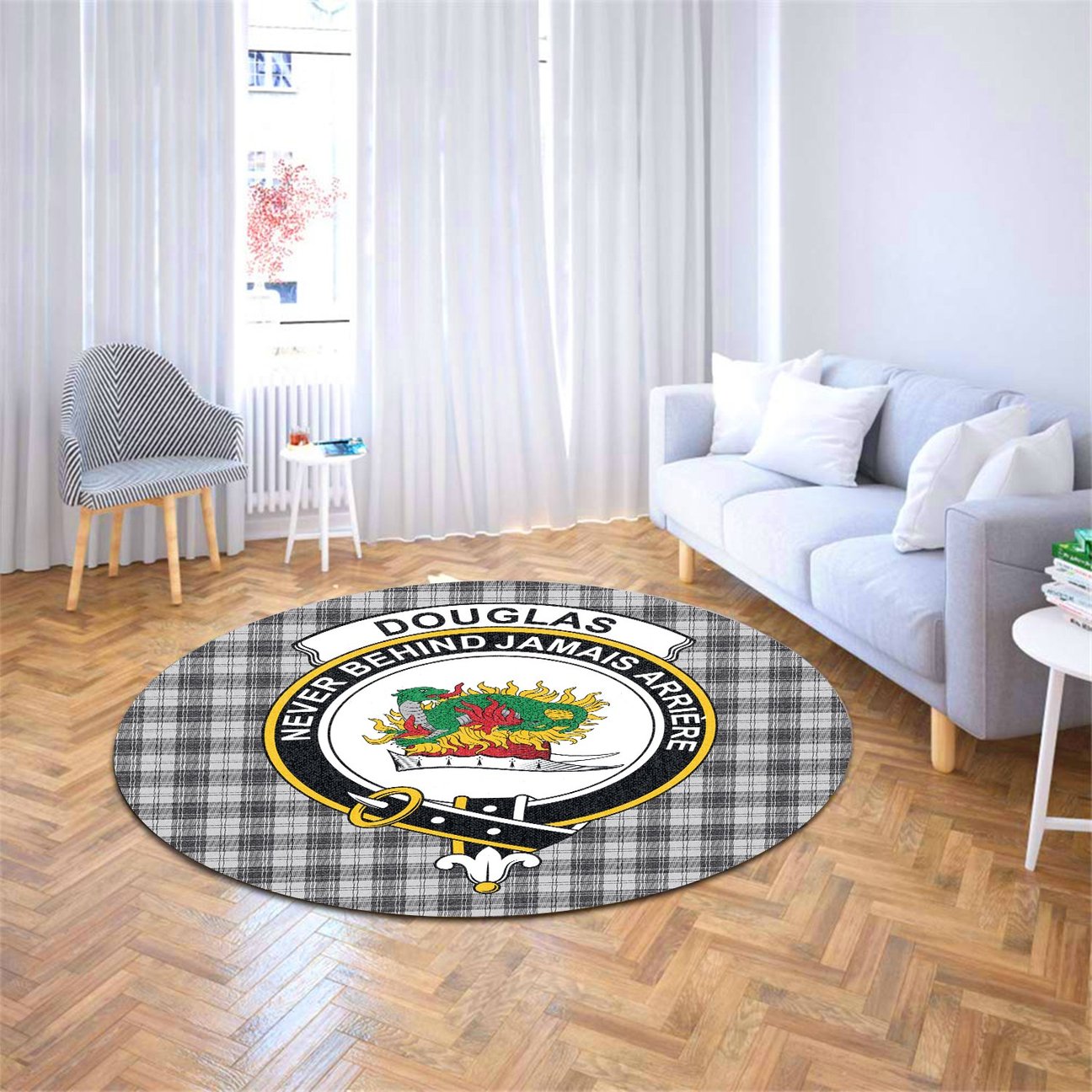 Douglas Grey Modern Tartan Crest Round Rug