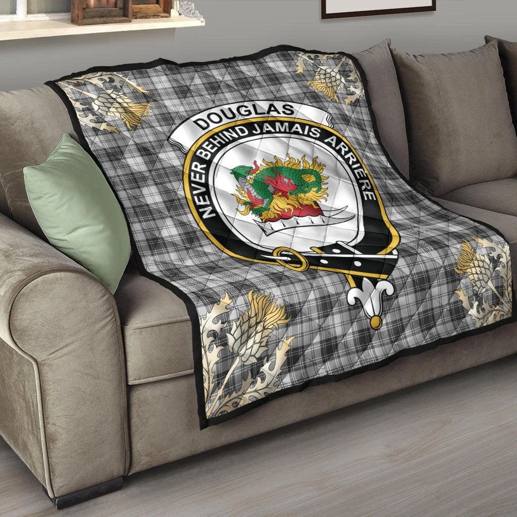 Douglas Grey Modern Tartan Crest Premium Quilt - Gold Thistle Style