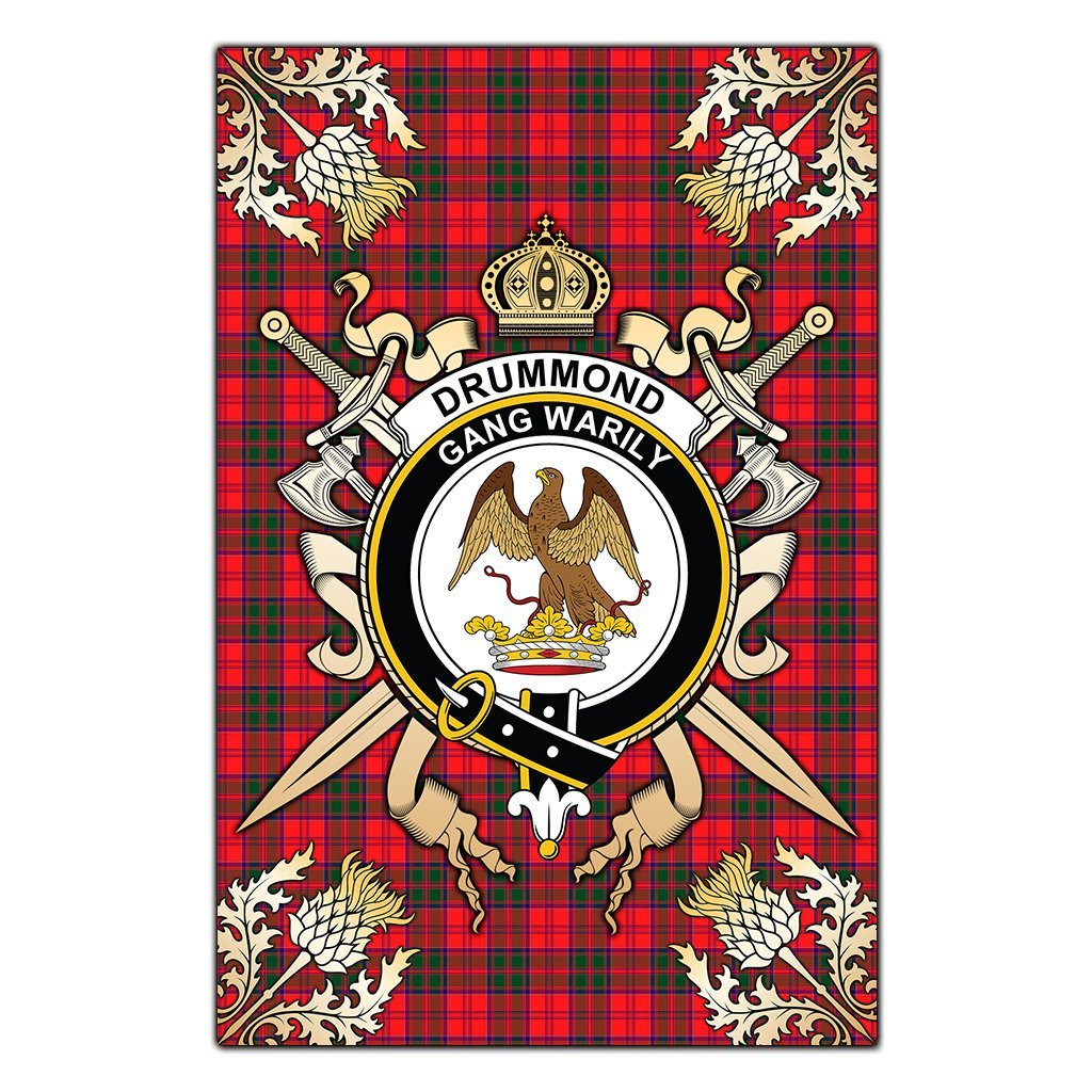 Drummond Modern Tartan Crest Black Garden Flag - Gold Thistle Style