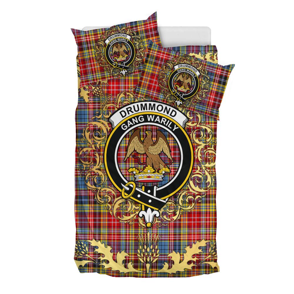 Drummond of Strathallan Tartan Crest Bedding Set - Golden Thistle Style