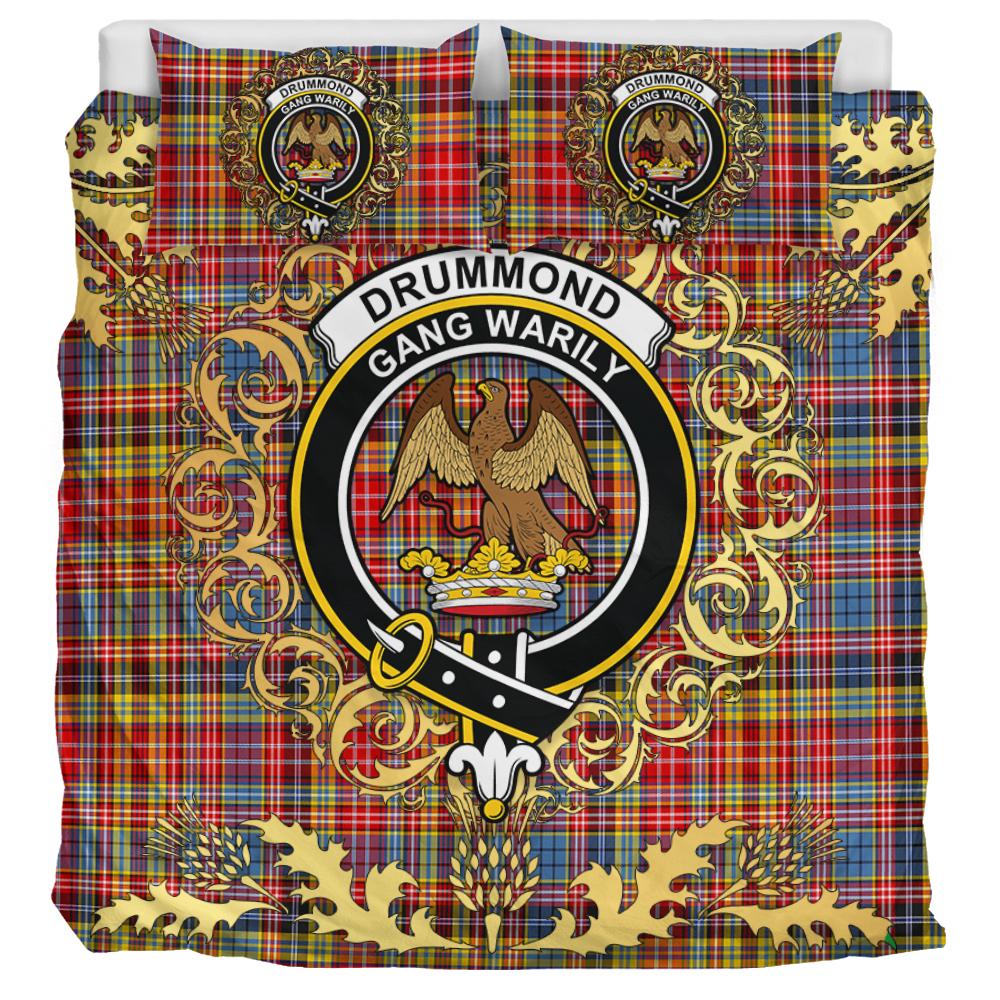 Drummond of Strathallan Tartan Crest Bedding Set - Golden Thistle Style