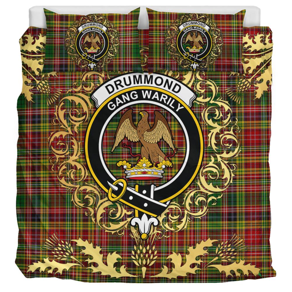 Drummond of Strathallan or Ogilvy Tartan Crest Bedding Set - Golden Thistle Style