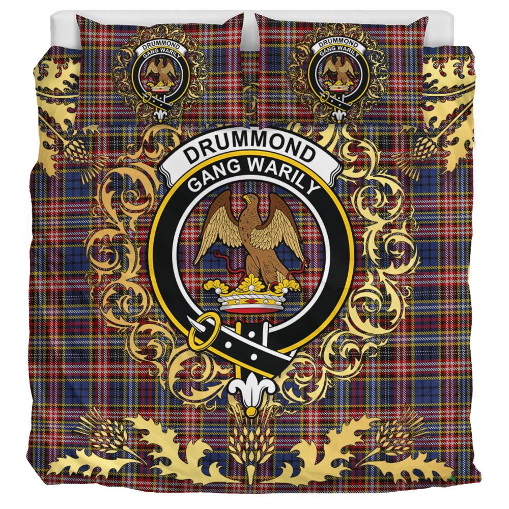 Drummond of Strathallen Tartan Crest Bedding Set - Golden Thistle Style