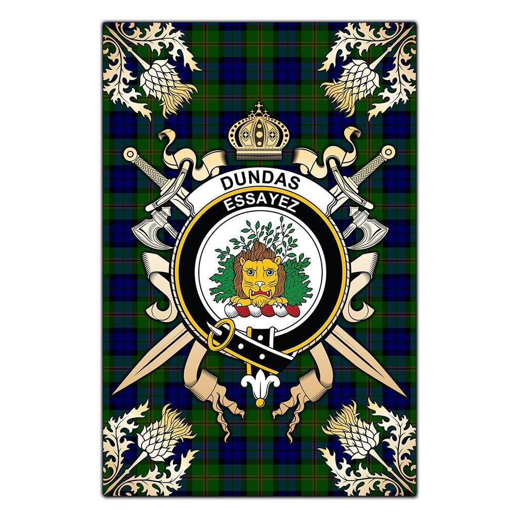 Dundas Modern Tartan Crest Black Garden Flag - Gold Thistle Style