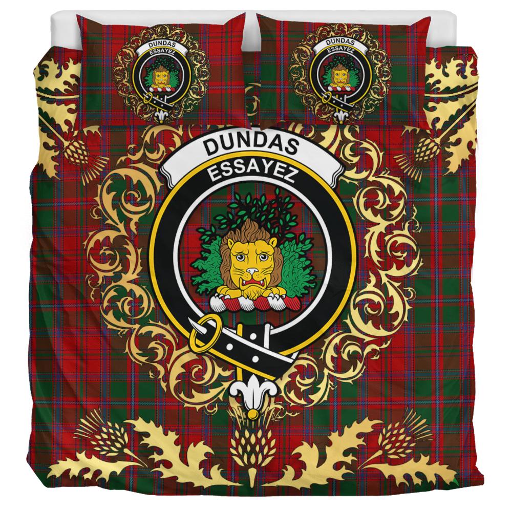 Dundas Red Tartan Crest Bedding Set - Golden Thistle Style