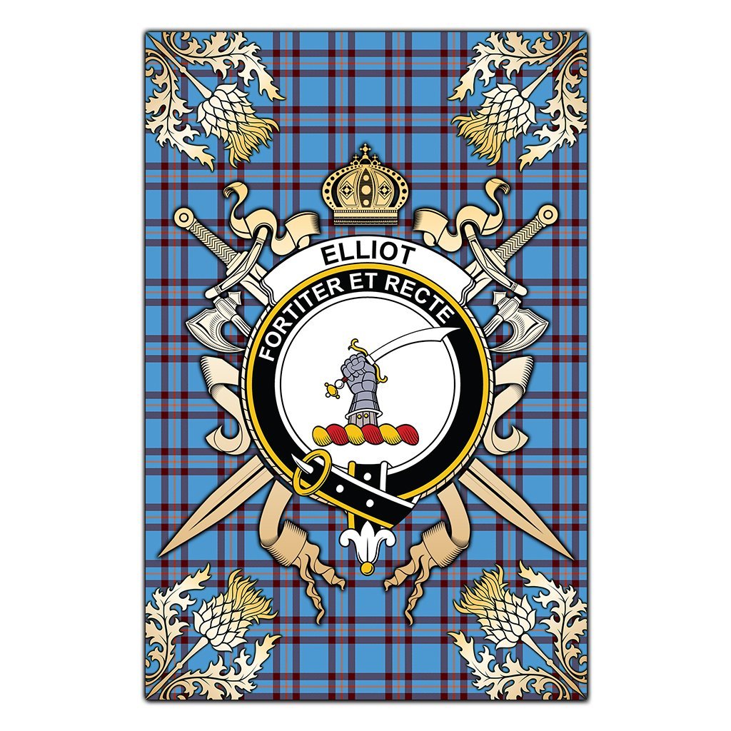 Elliot Ancient Tartan Crest Black Garden Flag - Gold Thistle Style