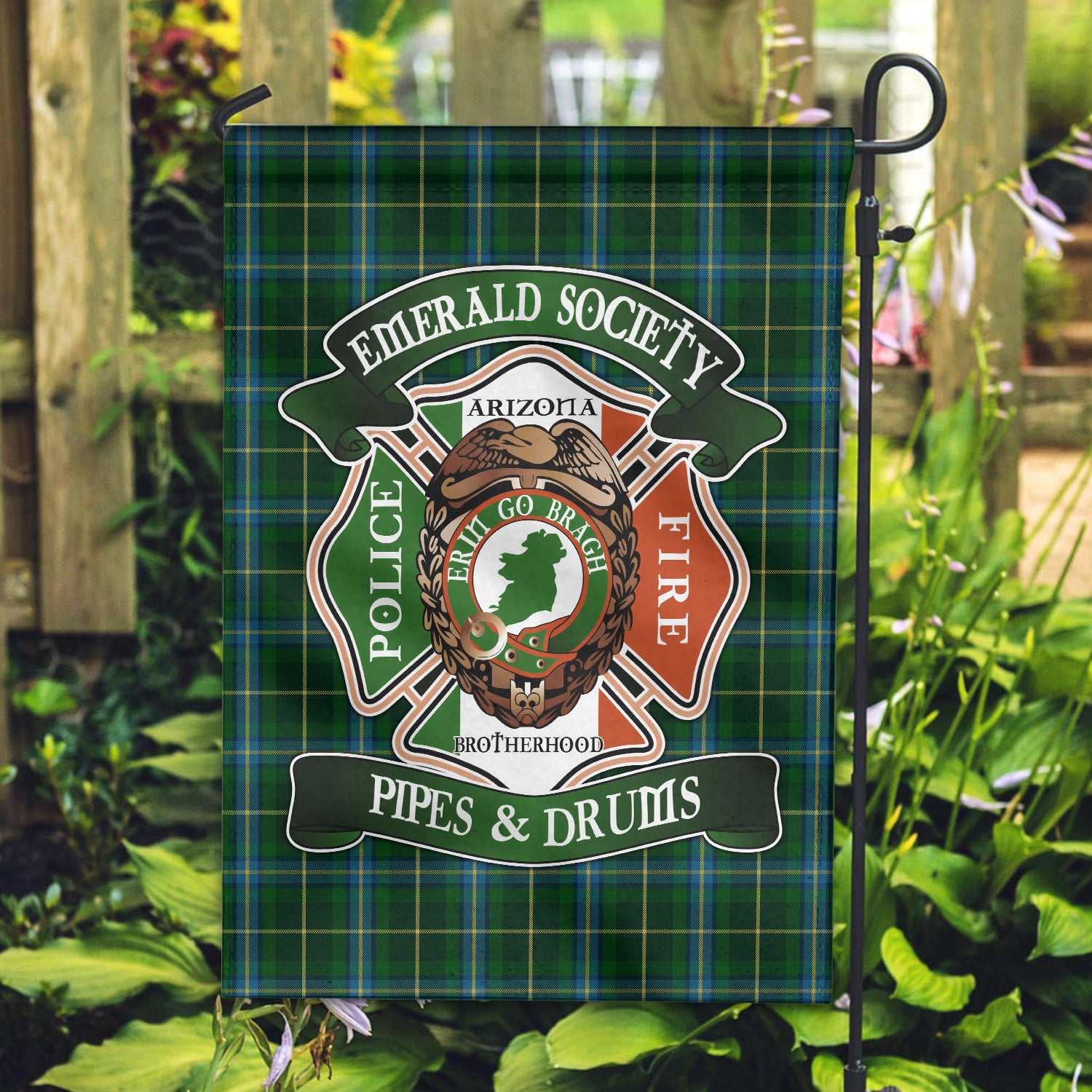 Emerald Society 1 Tartan with Logo Garden Flag