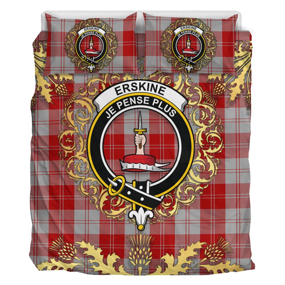 Erskine Red Tartan Crest Bedding Set - Golden Thistle Style