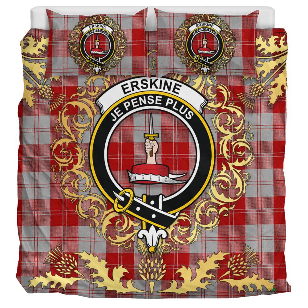 Erskine Red Tartan Crest Bedding Set - Golden Thistle Style