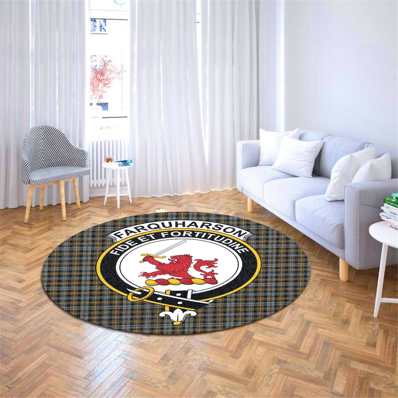 Farquharson Weathered Tartan Crest Round Rug