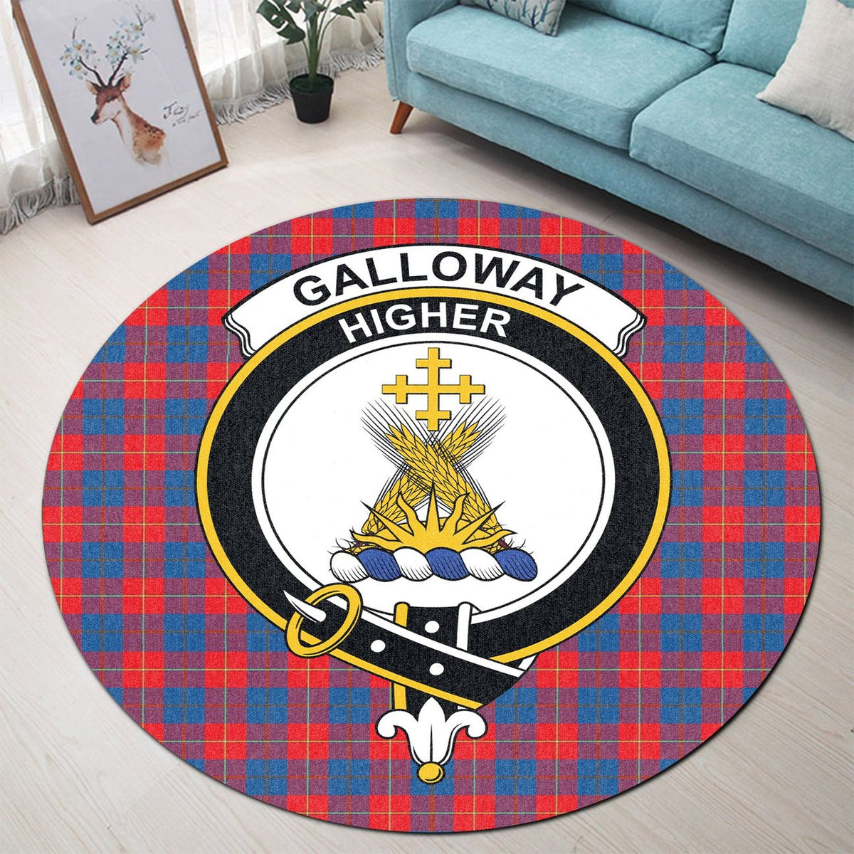 Galloway Red Tartan Crest Round Rug