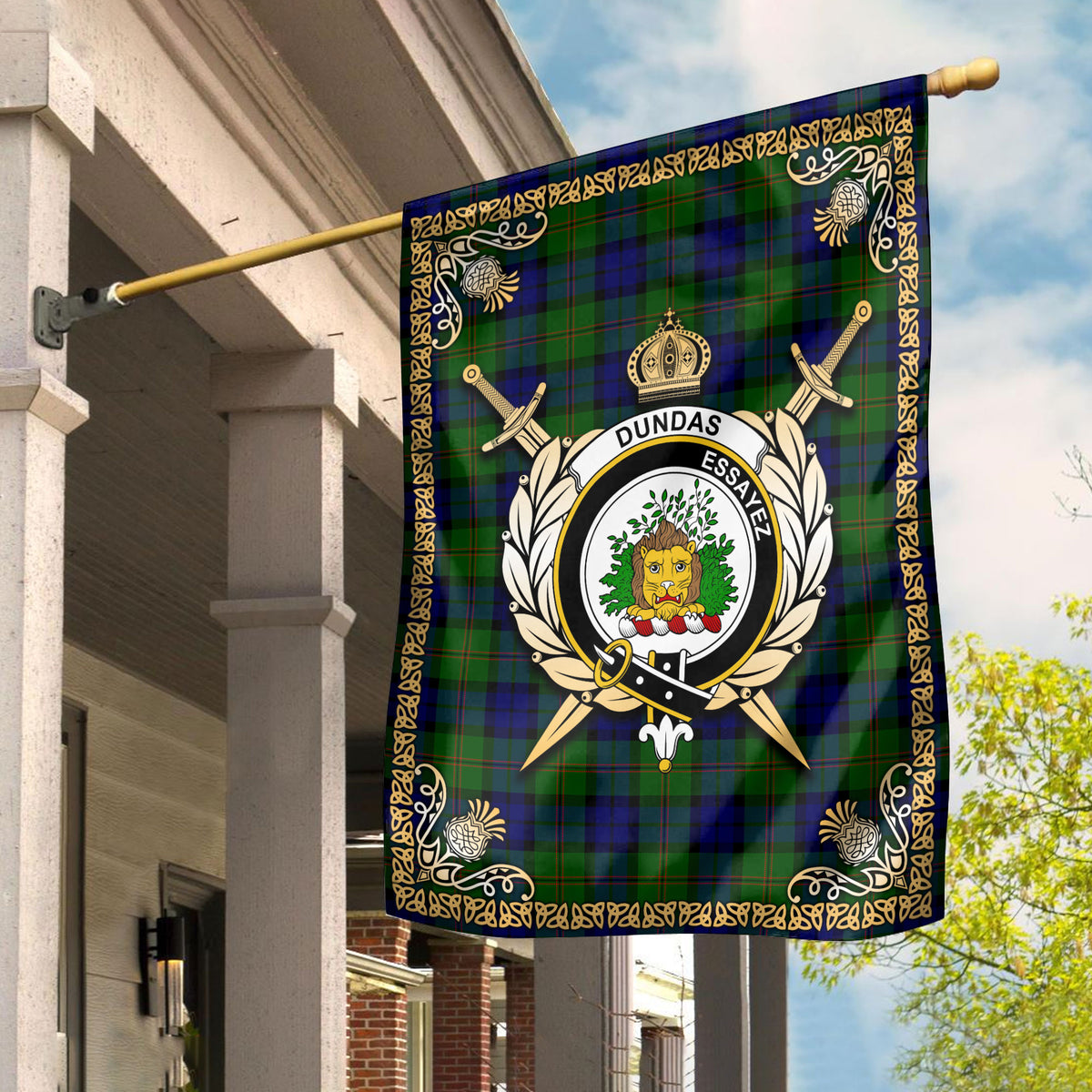 Dundas Modern Tartan Crest Garden Flag - Celtic Thistle Style