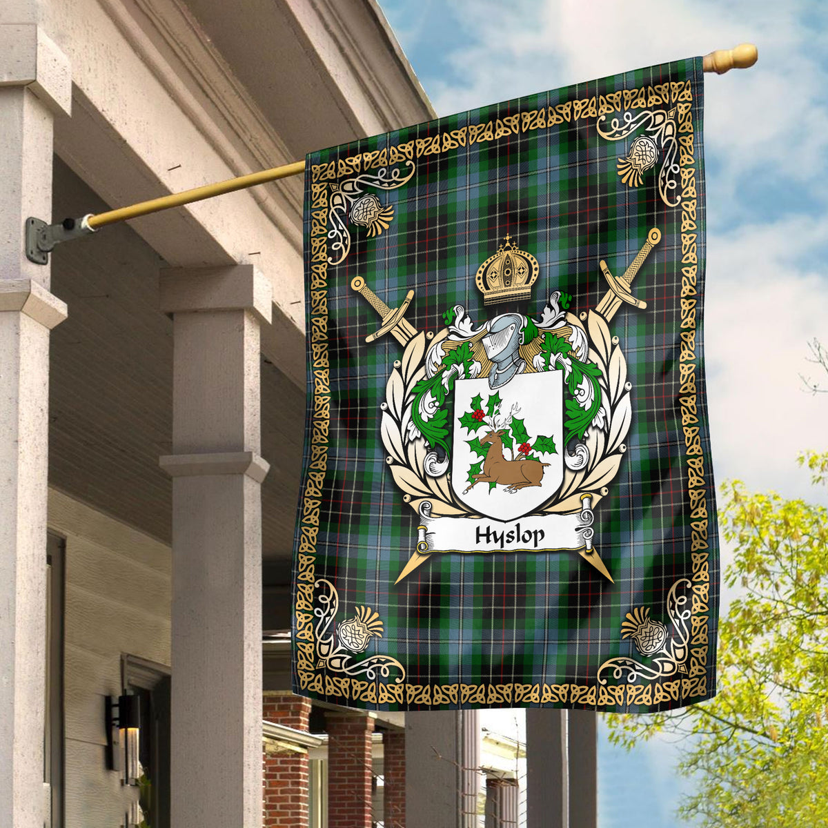 Hyslop Tartan Crest Garden Flag - Celtic Thistle Style
