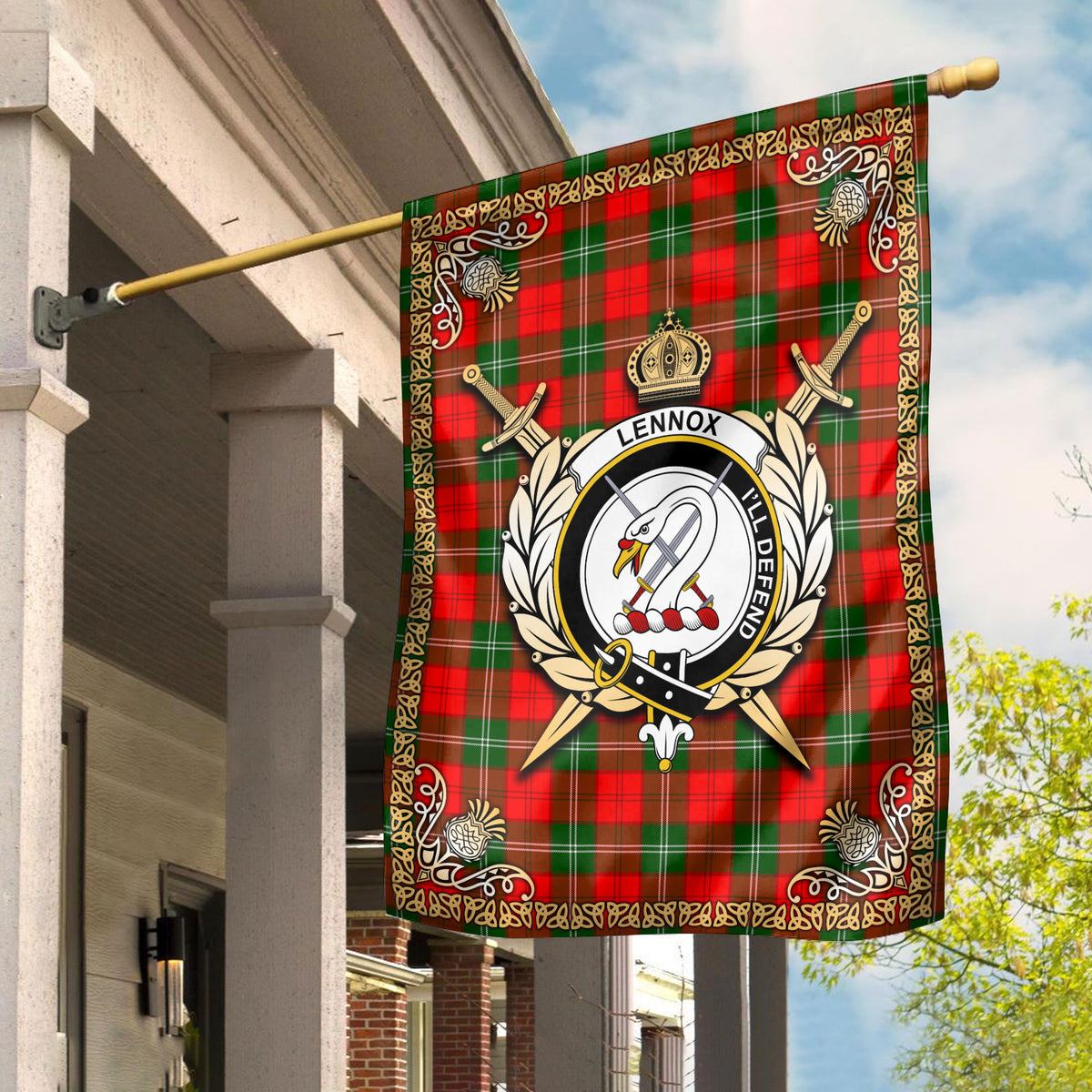 Lennox Tartan Crest Garden Flag - Celtic Thistle Style