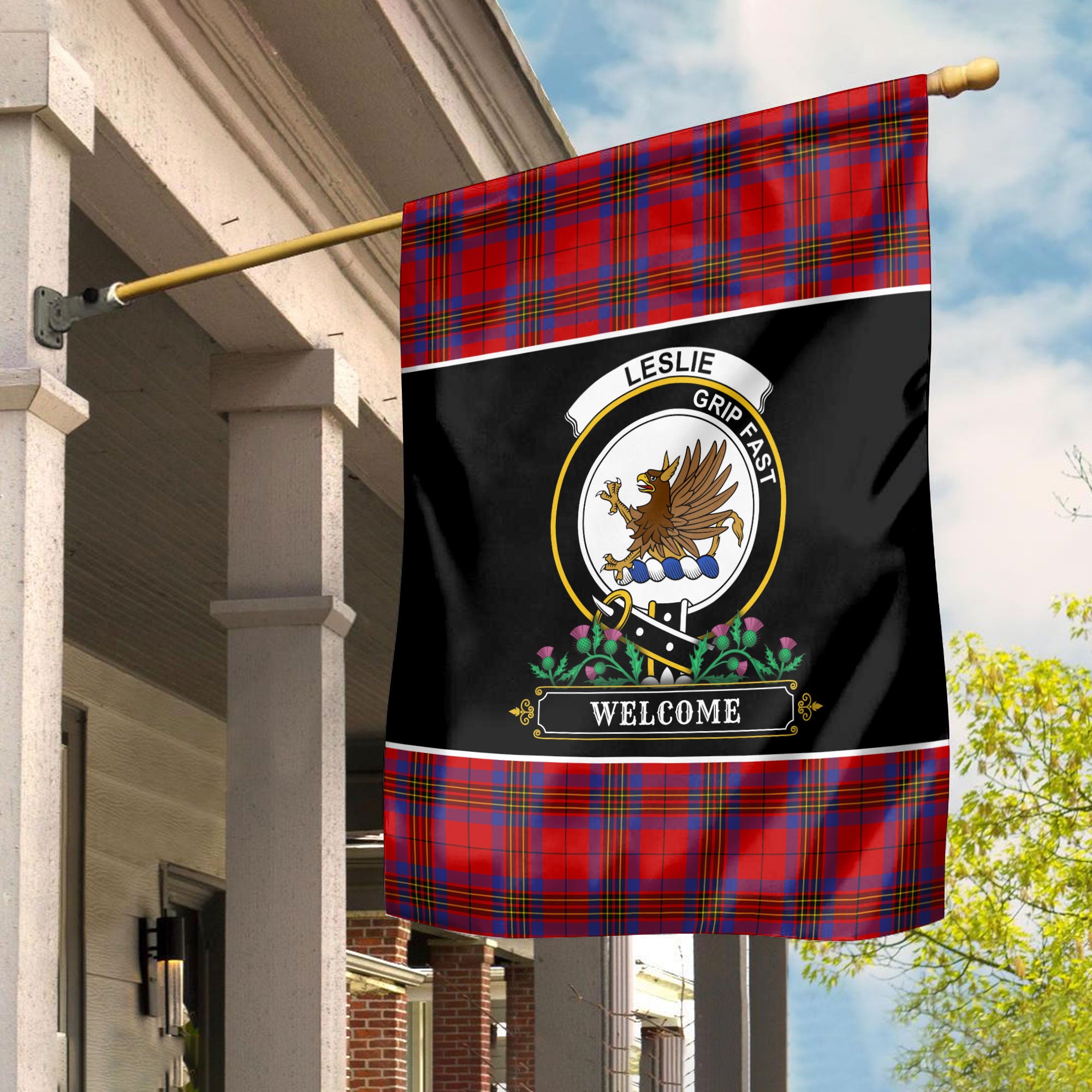 Leslie Modern Tartan Crest Garden Flag - Welcome Style