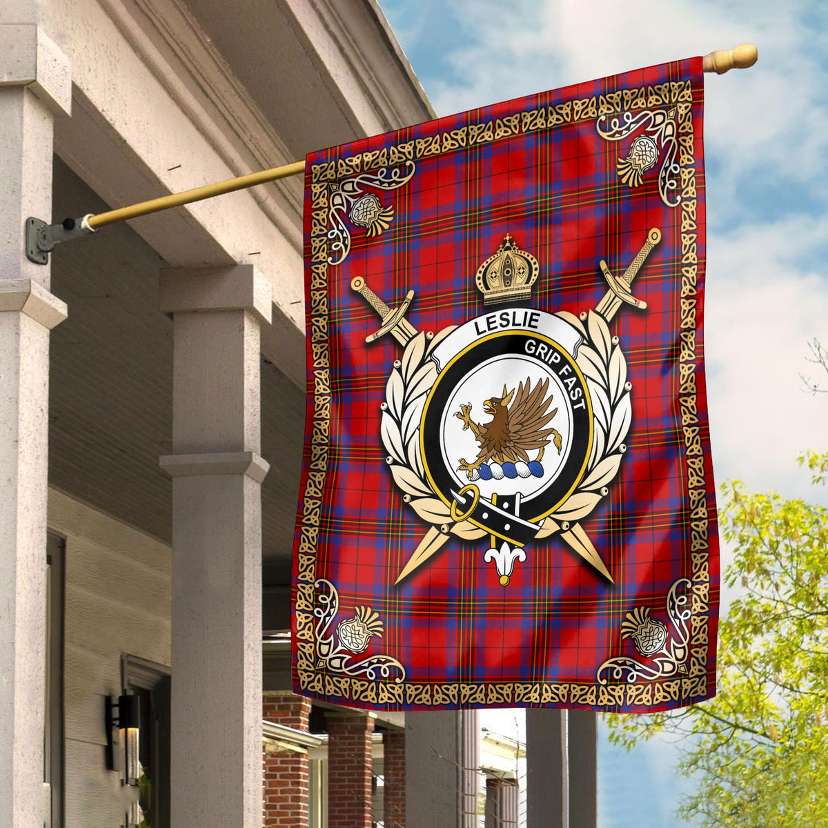 Leslie Modern Tartan Crest Garden Flag - Celtic Thistle Style