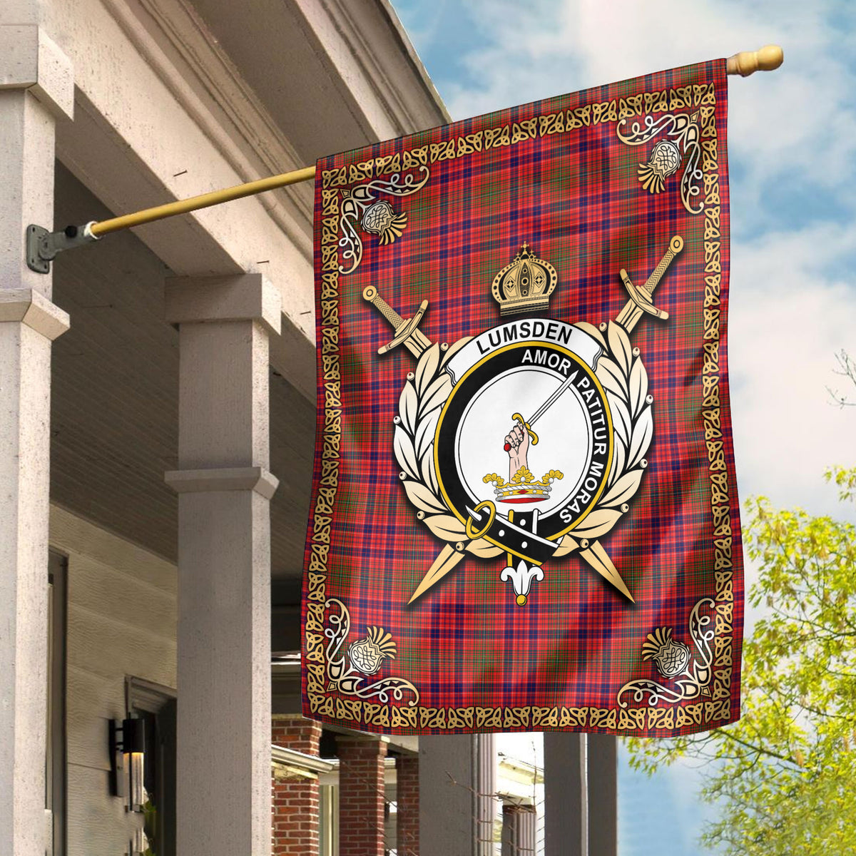 Lumsden Modern Tartan Crest Garden Flag - Celtic Thistle Style