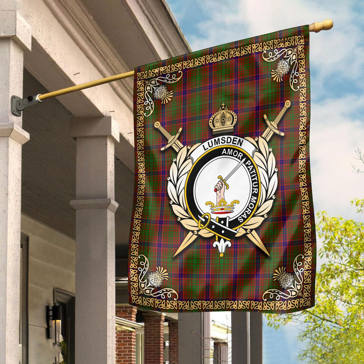 Lumsden Tartan Crest Garden Flag - Celtic Thistle Style