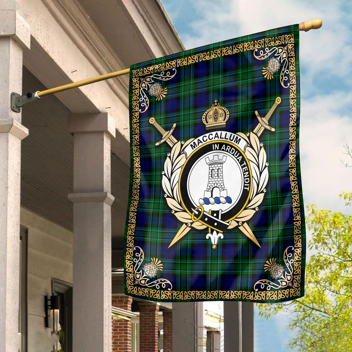 MacCallum Modern Tartan Crest Garden Flag - Celtic Thistle Style
