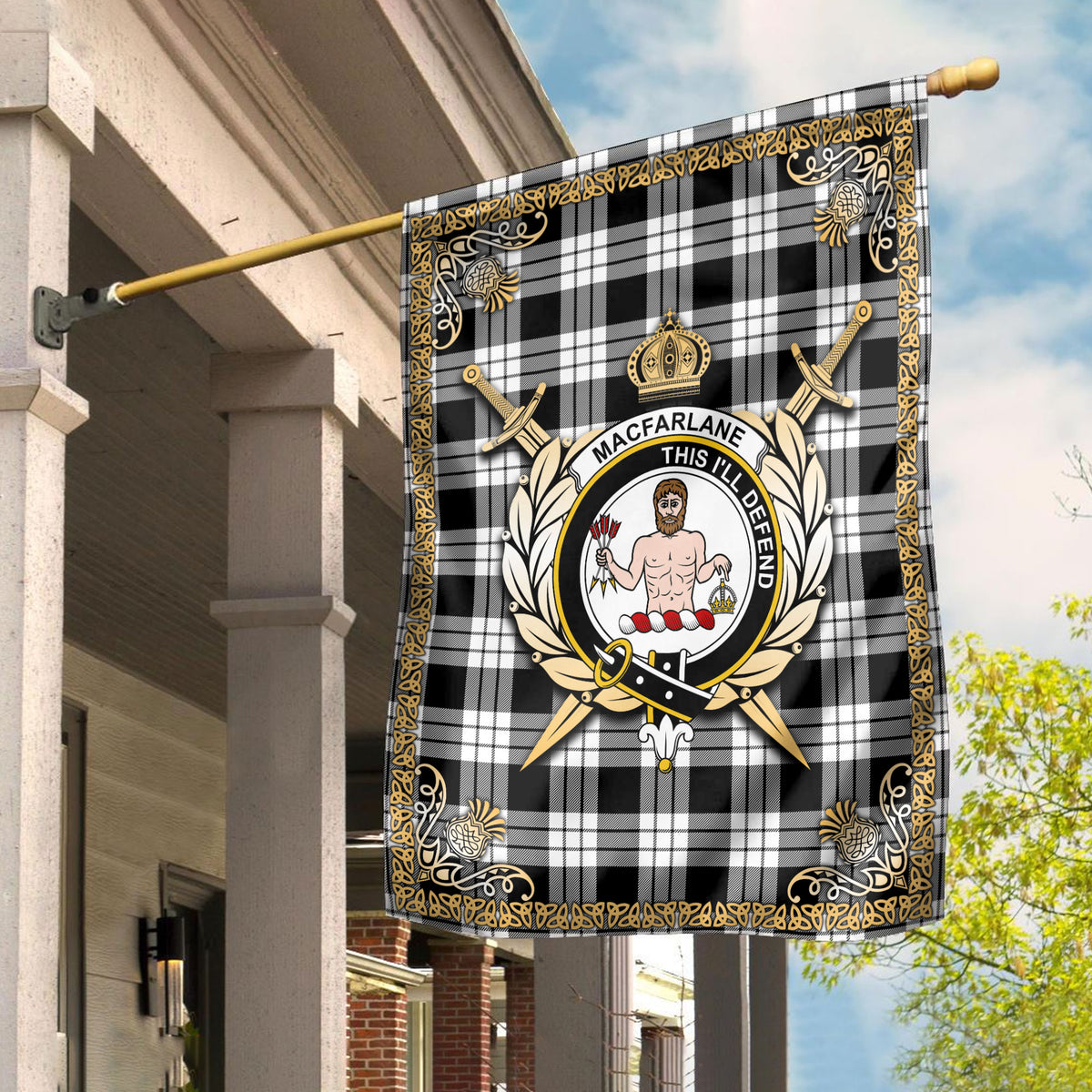 MacFarlane Black _ White Tartan Crest Garden Flag - Celtic Thistle Style