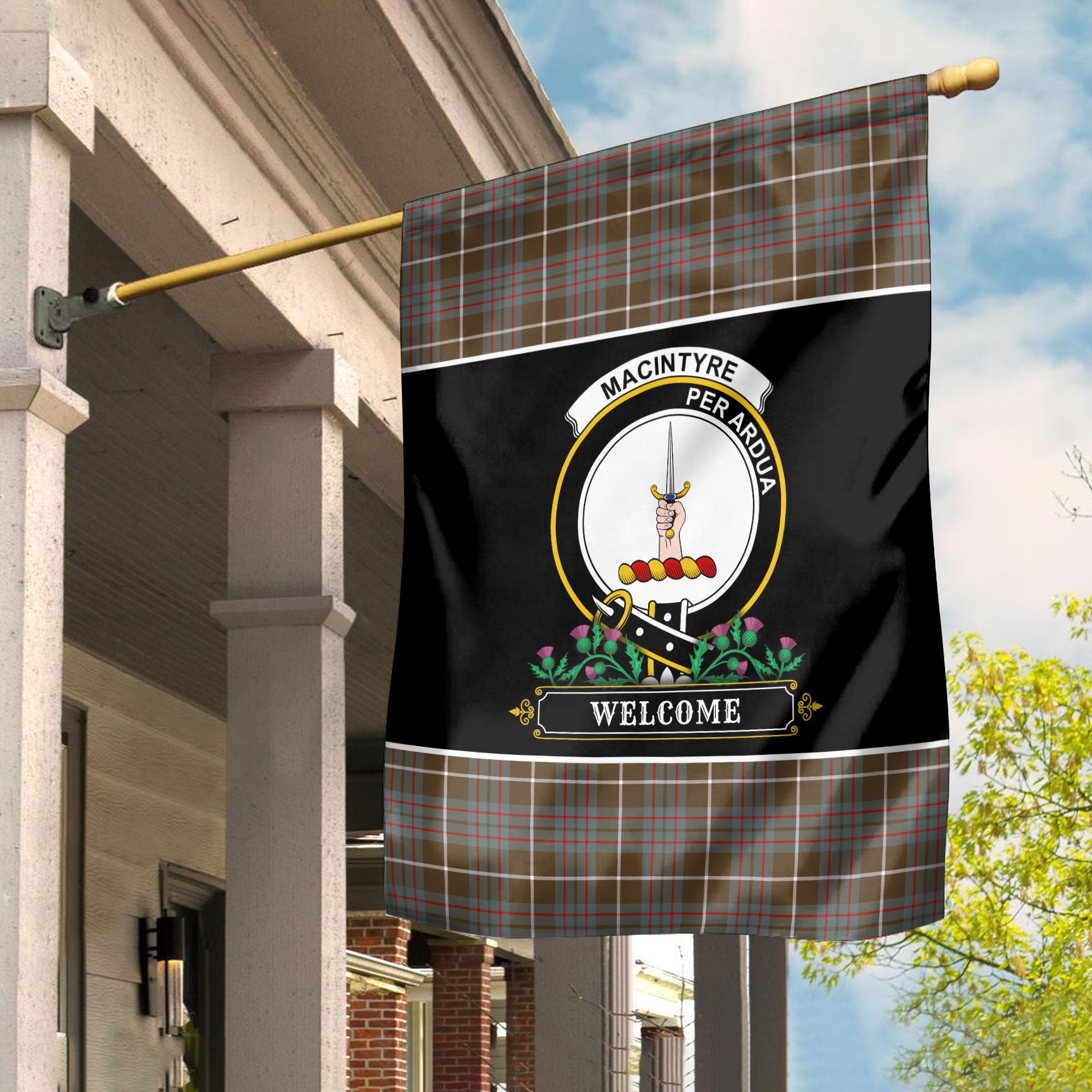 MacIntyre Hunting Weathered Tartan Crest Garden Flag - Welcome Style