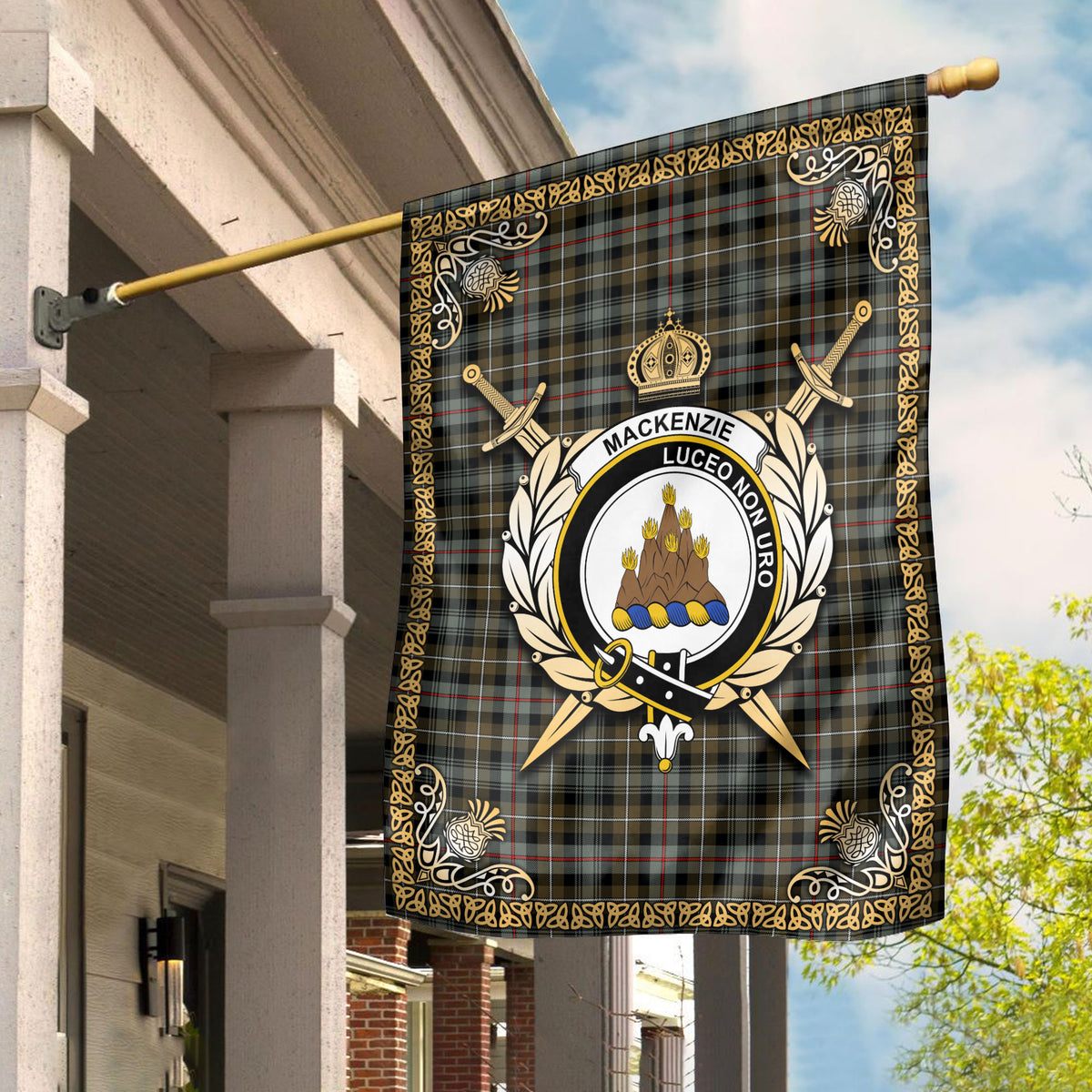 MacKenzie Weathered Tartan Crest Garden Flag - Celtic Thistle Style