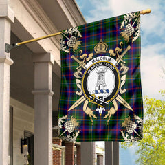 Malcolm Tartan Crest Black Garden Flag - Gold Thistle Style