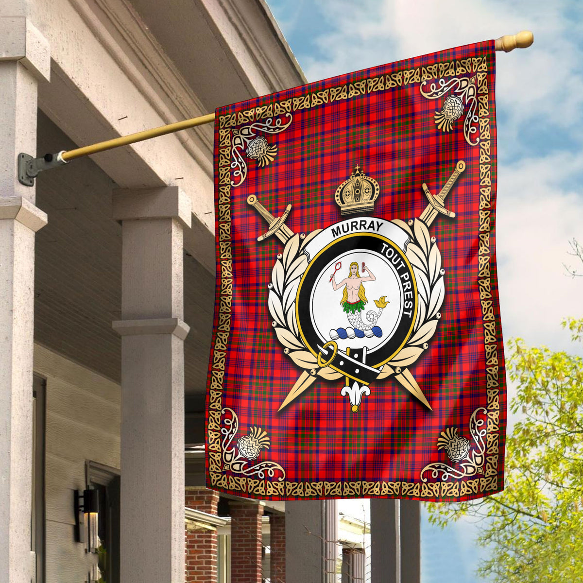 Murray of Tulloch Modern Tartan Crest Garden Flag - Celtic Thistle Style