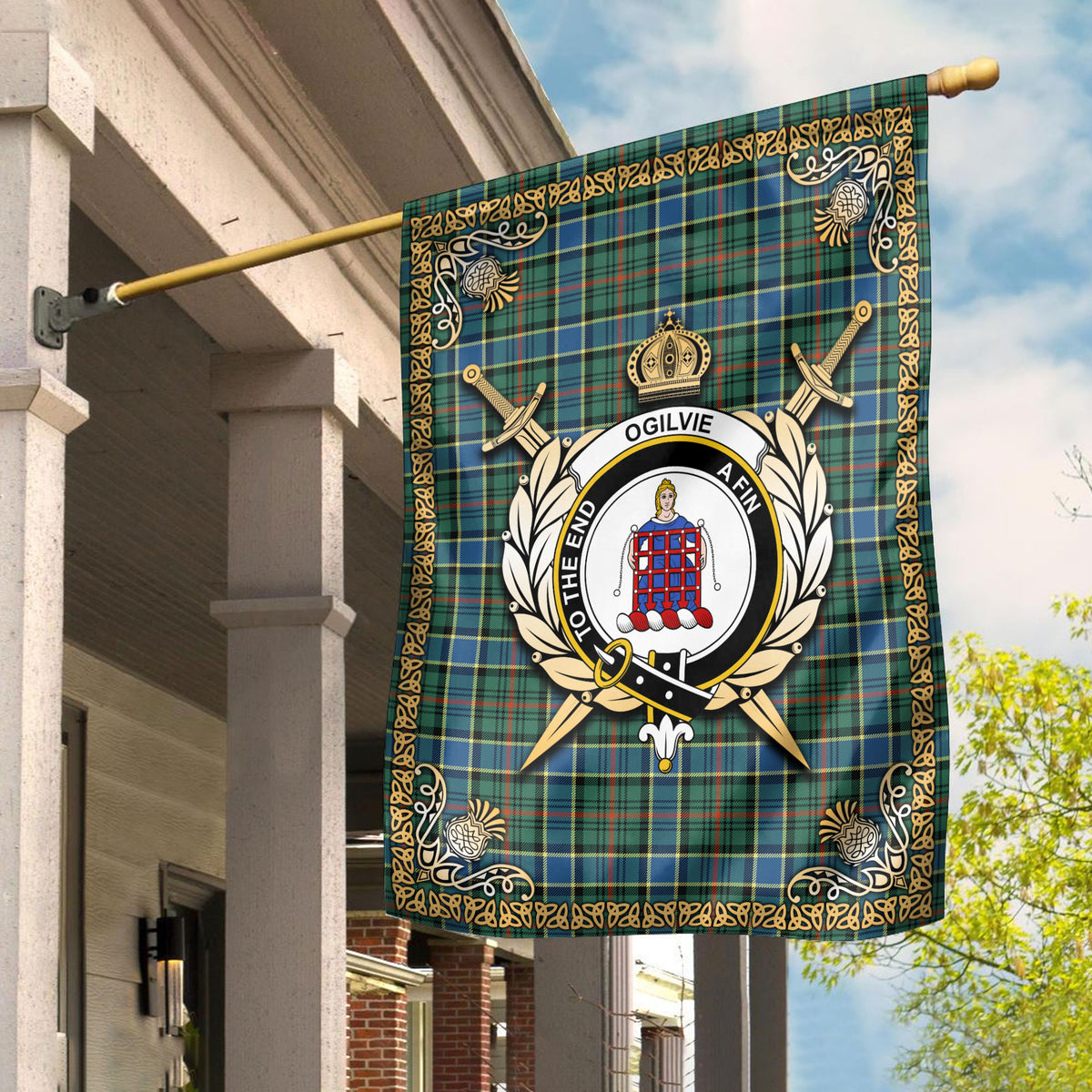 Ogilvie Hunting Ancient Tartan Crest Garden Flag - Celtic Thistle Style
