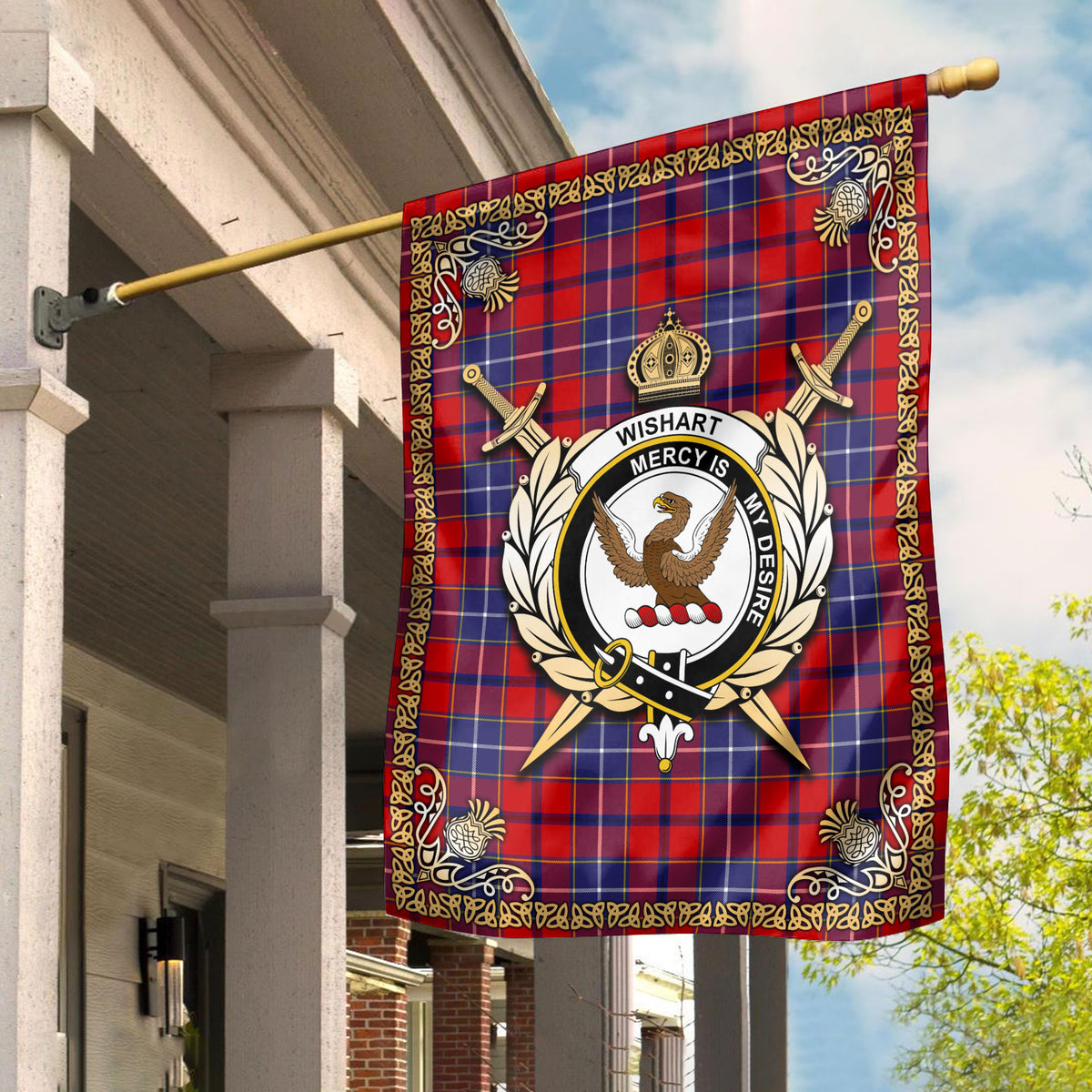 Wishart Dress Tartan Crest Garden Flag - Celtic Thistle Style