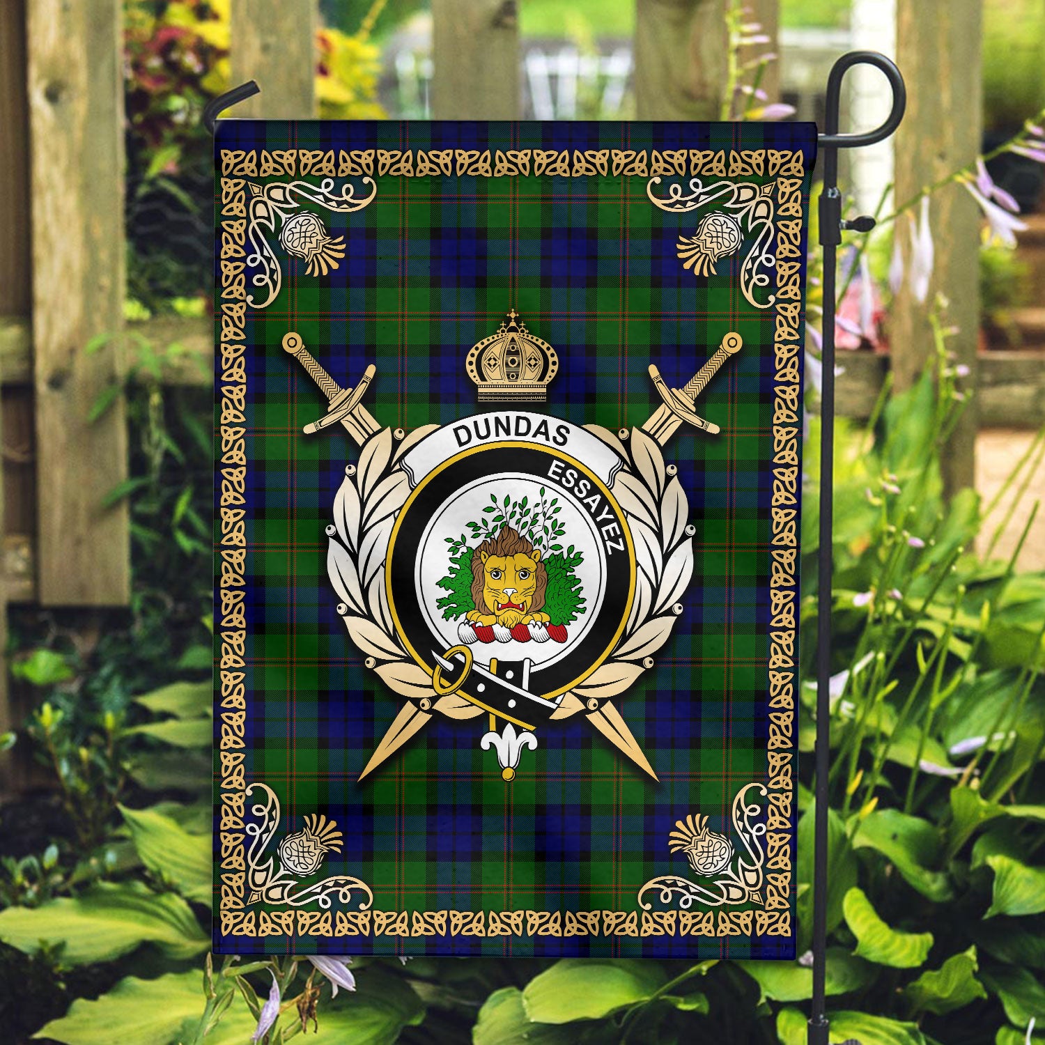 Dundas Modern Tartan Crest Garden Flag - Celtic Thistle Style