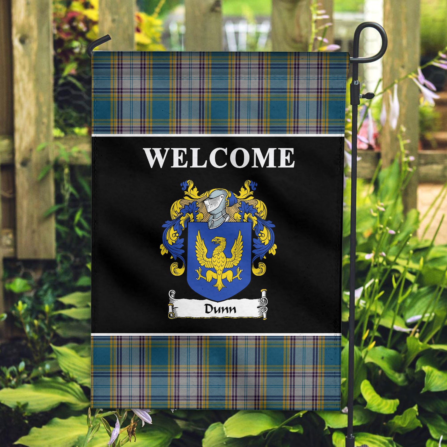 Dunn Tartan Crest Black Garden Flag