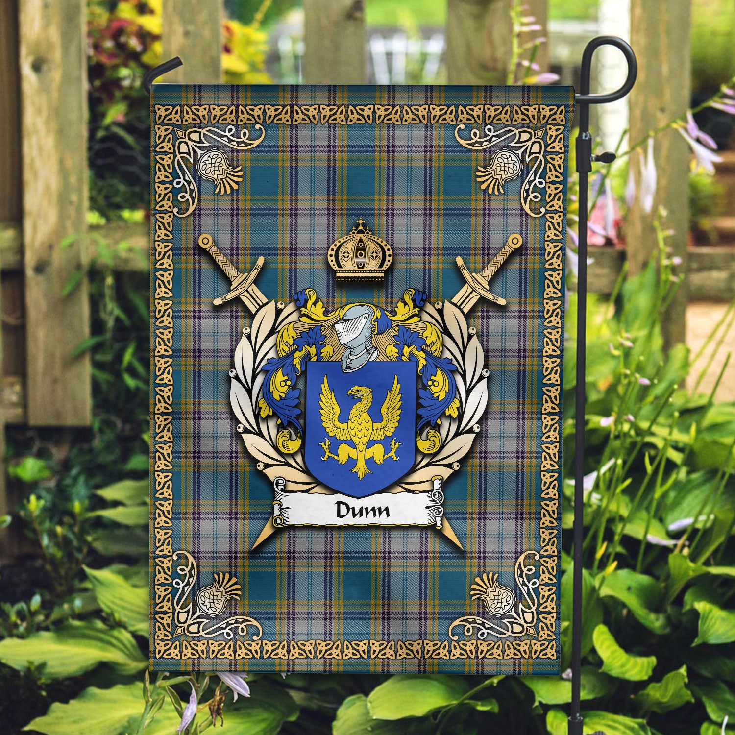 Dunn Tartan Crest Garden Flag - Celtic Thistle Style