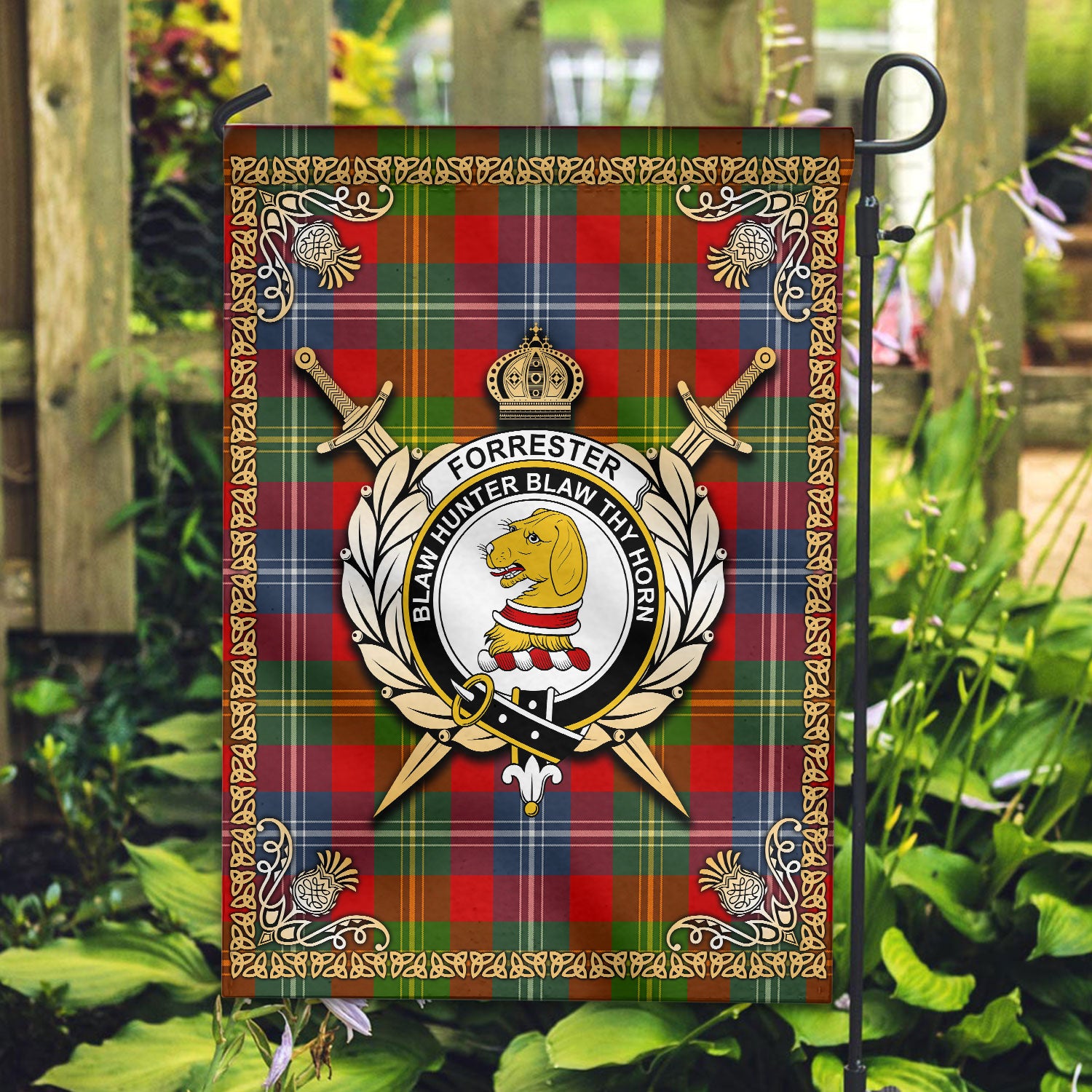 Forrester Tartan Crest Garden Flag - Celtic Thistle Style