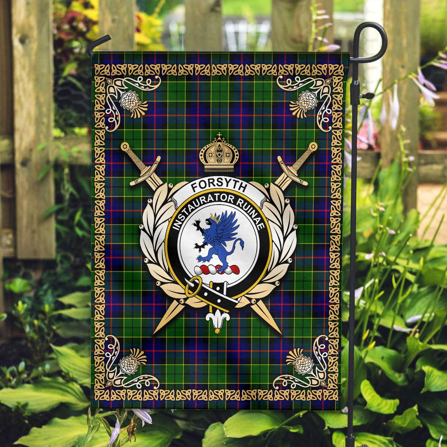 Forsyth Modern Tartan Crest Garden Flag - Celtic Thistle Style