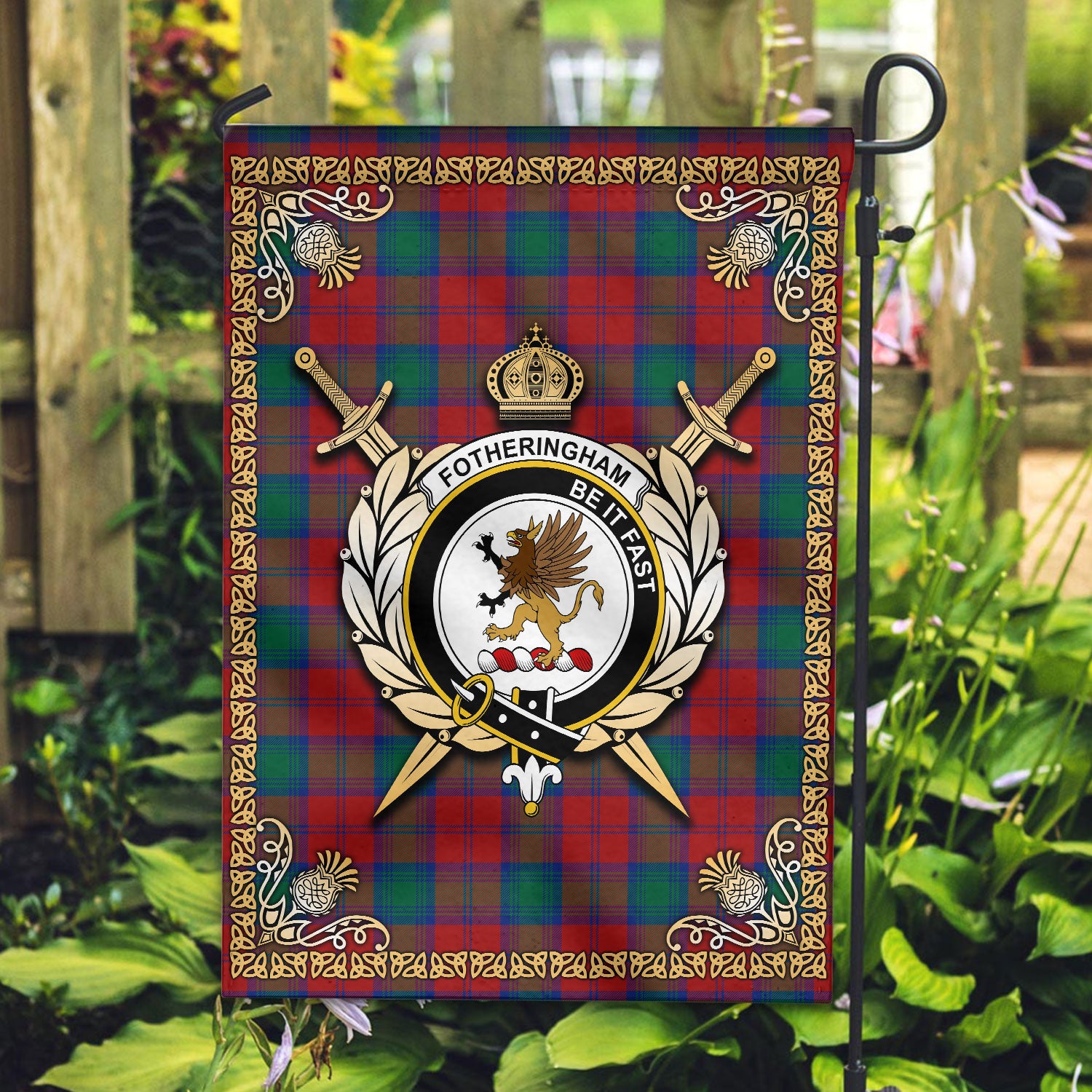 Fotheringham Tartan Crest Garden Flag - Celtic Thistle Style