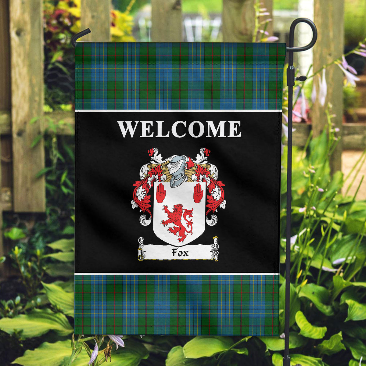 Fox Hunting Tartan Crest Black Garden Flag