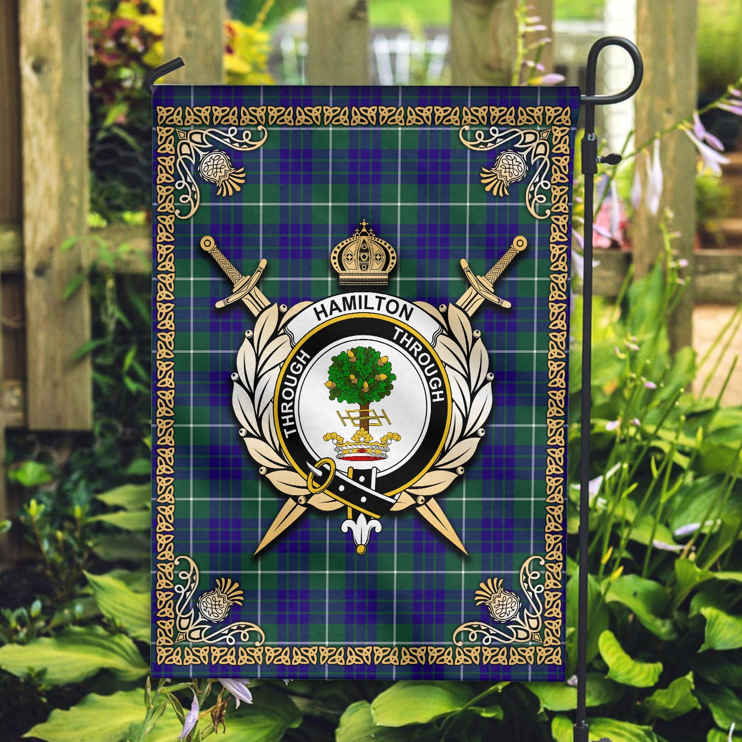 Hamilton Hunting Modern Tartan Crest Garden Flag - Celtic Thistle Style